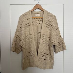 Lucky Brand Sweater Cardigan Sz M Oatmeal Open Front Knit Short Sleeve Cozy Boho